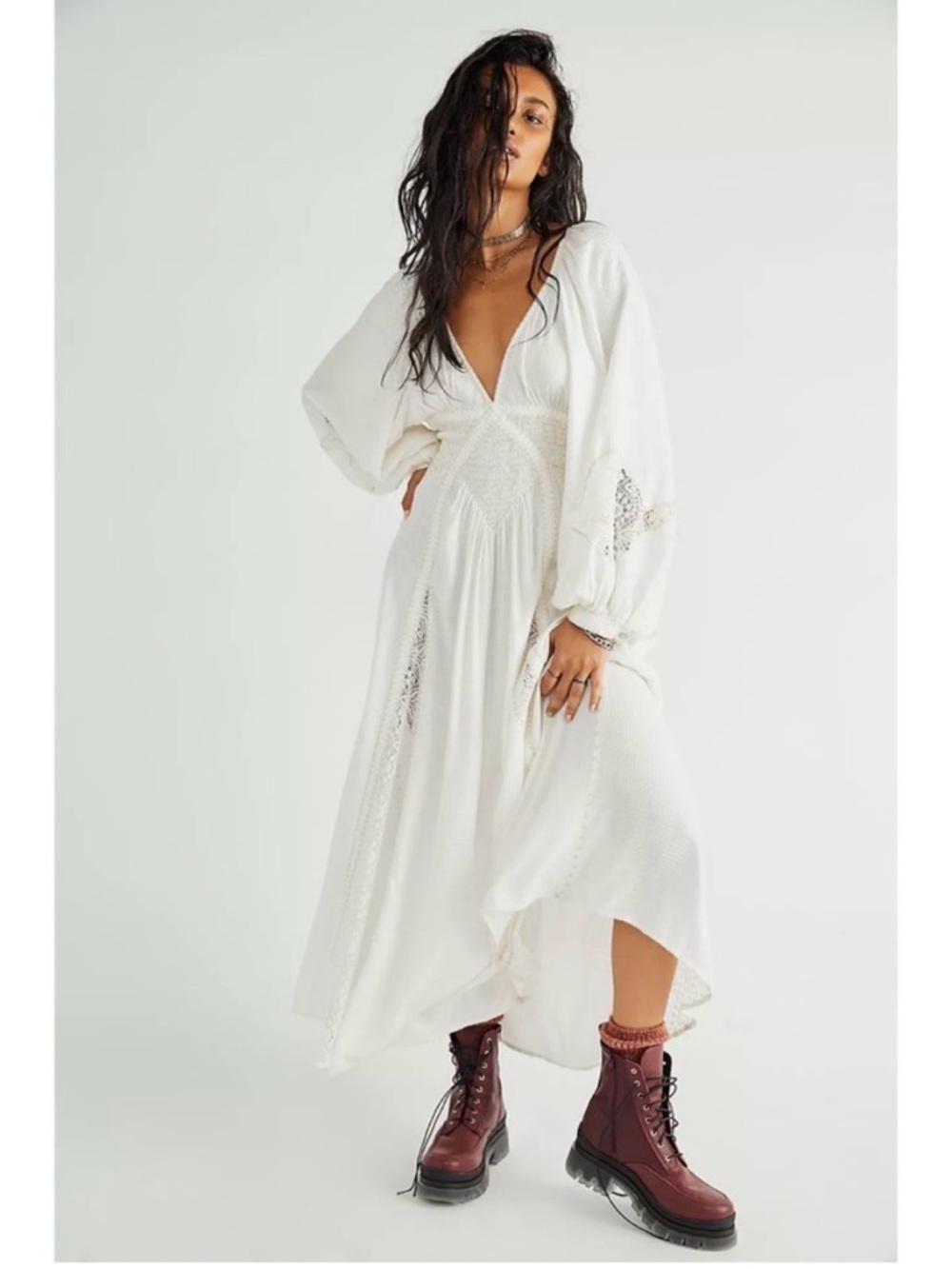 Free People Southwest Lace Maxi Dress Long Sleeve White Size Medium